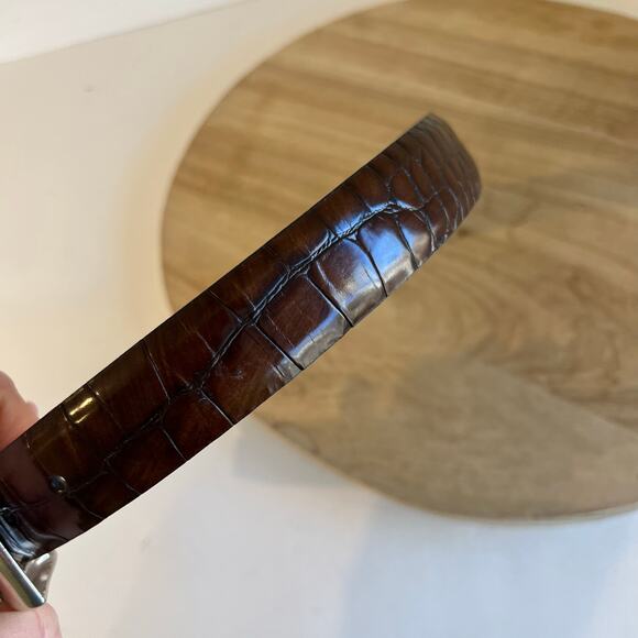 Fossil Brown Embossed Croco Genuine Leather Silver Tipped Belt Size Small - Picture 4 of 11